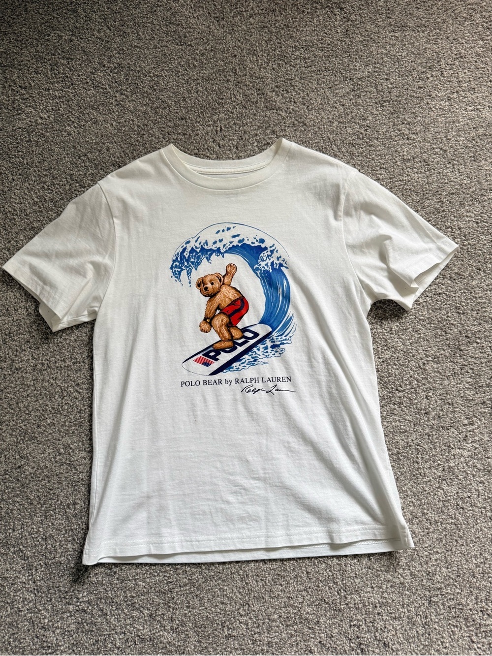 Ralph Lauren White Kids Tee with Surfing Polo Bear Graphic